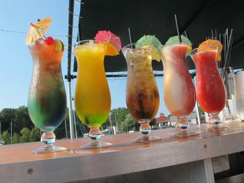 A row of colorful cocktails with umbrellas and garnishes, set against a sunny outdoor backdrop.