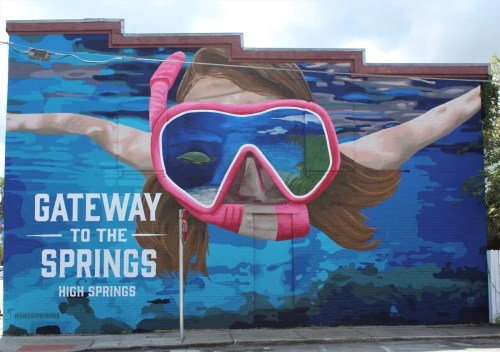 Colorful mural featuring a girl snorkeling with the text "Gateway to the Springs, High Springs" prominently displayed.
