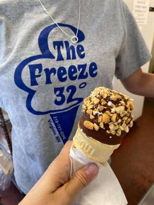 A hand holds a chocolate-dipped ice cream cone topped with nuts, while a person in a "The Freeze" t-shirt is in the background.