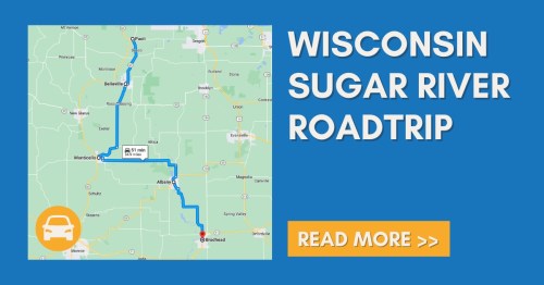 Map showing a road trip route along the Sugar River in Wisconsin, with a car icon and a "Read More" button.