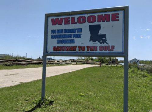 Sign reading "Welcome" with a map of Louisiana, stating "Gateway to the Gulf" at the southernmost point in Louisiana.
