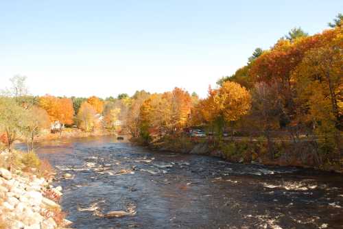 A serene river flows through a vibrant autumn landscape with colorful trees and a clear blue sky.