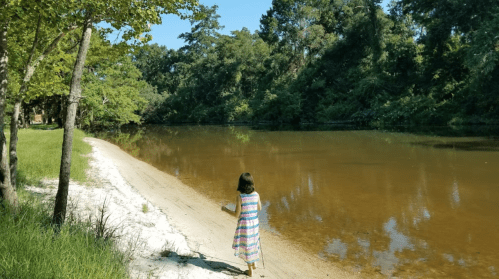 A child in a colorful dress walks along a sandy riverbank surrounded by trees and calm water.