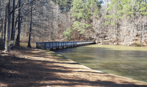 A wooden pier extends into a calm lake, surrounded by trees and a peaceful natural setting.