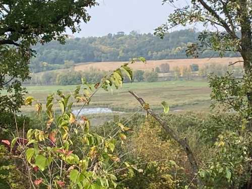 A scenic view of a green landscape with fields, trees, and a distant body of water under a cloudy sky.