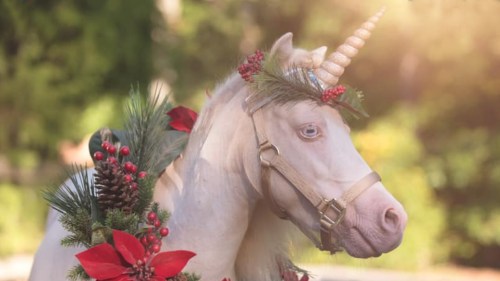 A unicorn adorned with festive greenery and red flowers, set against a blurred outdoor background.
