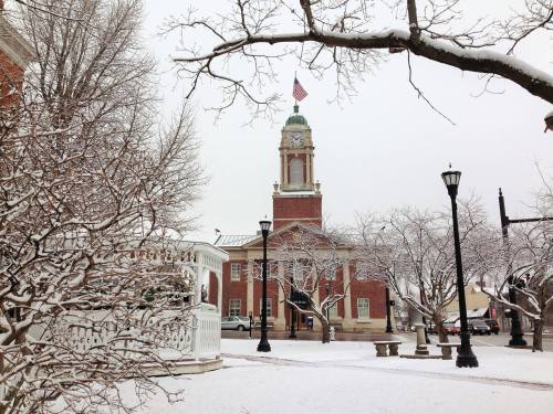 Snow-covered town square featuring a clock tower, trees, and a gazebo under a gray winter sky.