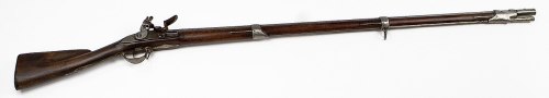A vintage rifle with a wooden stock and metal fittings, displayed horizontally against a white background.