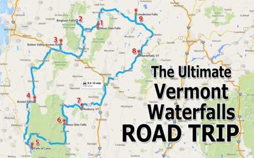 Map of Vermont highlighting a road trip route to various waterfalls, with numbered stops and travel time indicated.