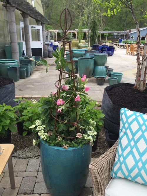 A decorative plant trellis with pink flowers in a large blue pot, surrounded by greenery and outdoor seating.