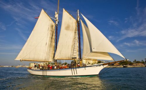 A tall ship with white sails sailing on calm waters, with people on board enjoying the sunny day.