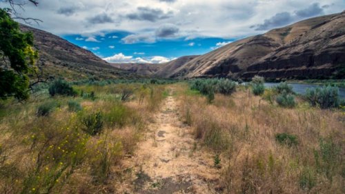 A scenic view of a grassy path leading through hills, with a river and cloudy blue sky in the background.