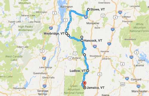 Map showing a route through Vermont, highlighting towns like Stowe, Hancock, and Jamaica.