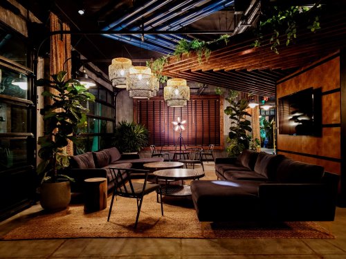 Cozy lounge area with modern furniture, plants, and stylish lighting in a warm, inviting atmosphere.