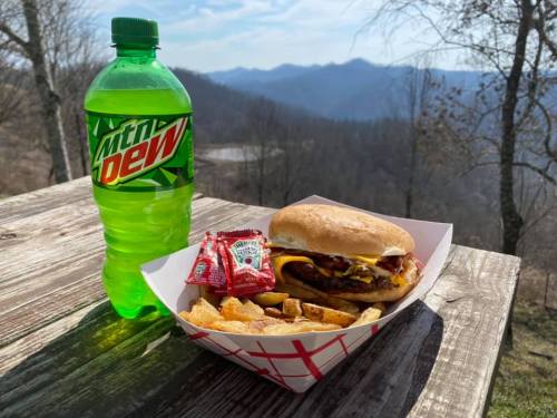 A burger with fries and ketchup packets beside a bottle of Mountain Dew, set against a scenic mountain backdrop.