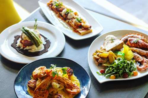 A variety of gourmet dishes including seafood, pasta, and vegetables, beautifully plated on white and black plates.