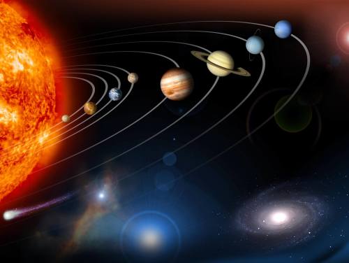 A colorful depiction of the solar system, featuring the Sun and planets in orbit against a starry background.