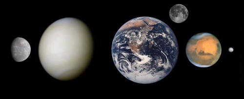 A collage of planets including Mercury, Venus, Earth, Mars, and the Moon against a black background.