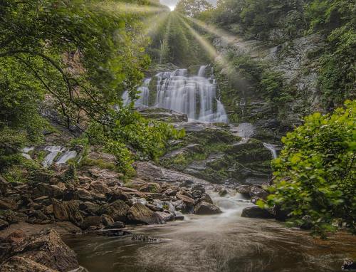 A serene waterfall cascades down rocky cliffs, surrounded by lush greenery and soft sunlight filtering through the trees.