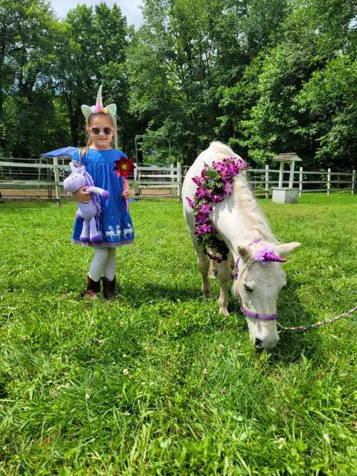 A girl in a unicorn costume stands beside a pony adorned with flowers, both in a grassy area with trees in the background.