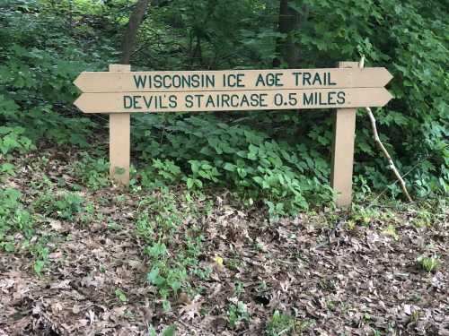 Signpost for the Wisconsin Ice Age Trail, indicating the Devil's Staircase is 0.5 miles ahead, surrounded by greenery.