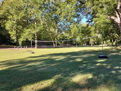 A sunny park with a volleyball net set up on a grassy field, surrounded by trees.