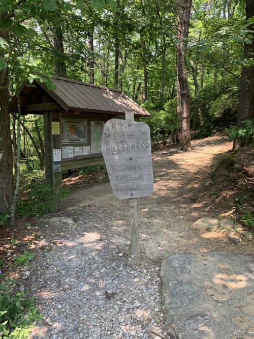 A wooden sign at a trailhead in a forest, with a path leading into the woods and a map display nearby.