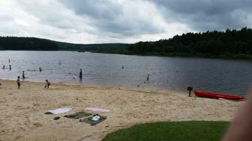 A sandy beach by a lake with people swimming and playing, surrounded by trees under a cloudy sky.