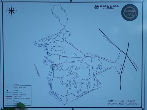 Map of Ahern State Park in Laconia, New Hampshire, showing trails and park layout.