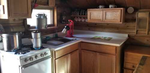 Cozy kitchen with wooden cabinets, a stove, sink, and a red kitchen appliance on a white countertop.