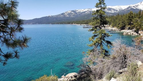 A serene lake surrounded by pine trees and mountains, with clear blue water and a bright blue sky.