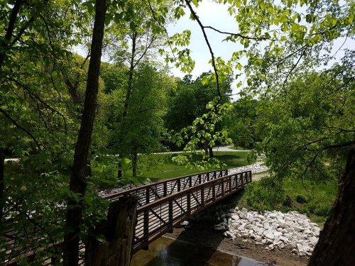 A wooden bridge spans a stream, surrounded by lush green trees and a peaceful park setting.
