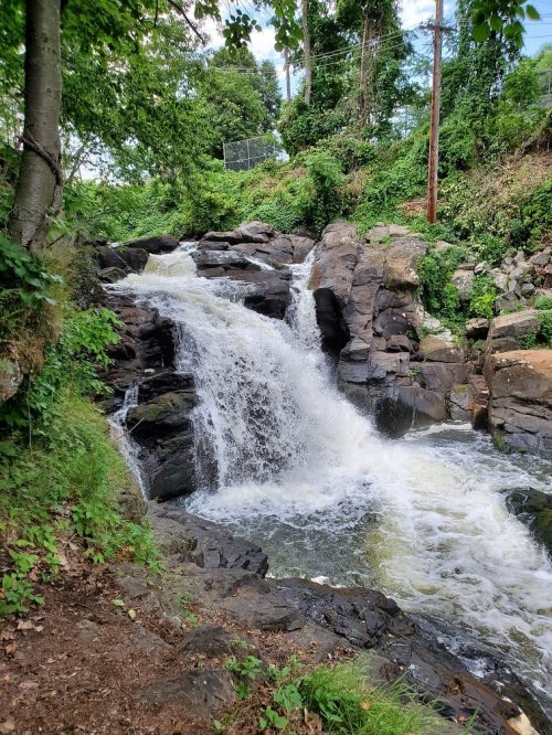 A cascading waterfall flows over rocky terrain, surrounded by lush greenery and trees.