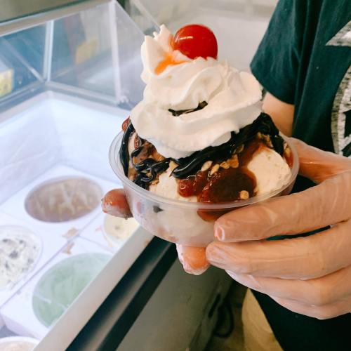 A person holding a sundae topped with whipped cream, a cherry, chocolate syrup, and nuts, with ice cream in the background.