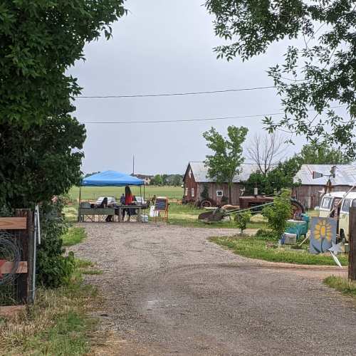 A gravel path leads to a grassy area with a table and chairs under a canopy, surrounded by trees and rustic buildings.