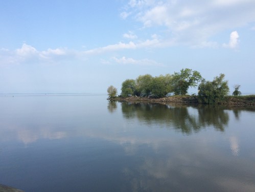 A calm lake scene with a small island and trees, reflecting in the water under a blue sky with scattered clouds.