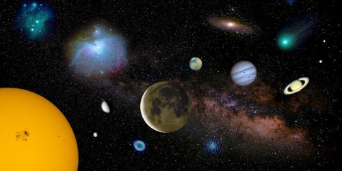 A vibrant cosmic scene featuring planets, galaxies, and a bright sun against a starry background.
