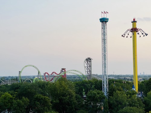 Amusement park skyline featuring roller coasters and thrill rides amidst green trees under a cloudy sky.