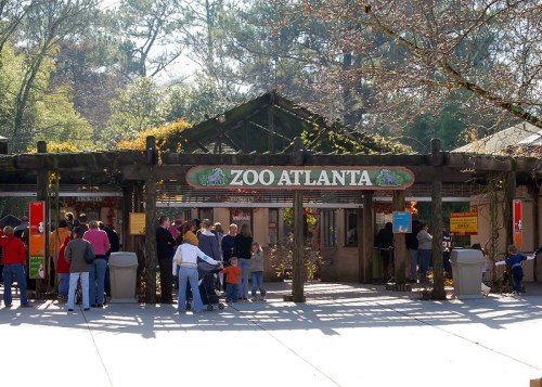 Entrance to Zoo Atlanta, with visitors gathered outside on a sunny day. Trees and greenery surround the area.