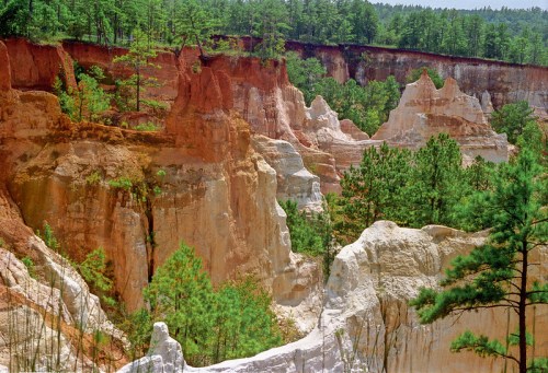 Colorful rock formations and cliffs surrounded by green trees in a natural landscape.