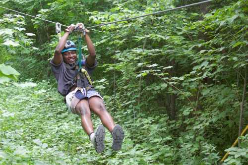 A person zip-lining through a lush green forest, smiling and enjoying the adventure.