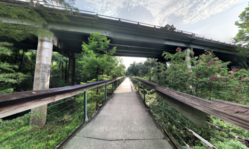 A pathway leads through lush greenery beneath a highway overpass, with trees and flowers lining the sides.
