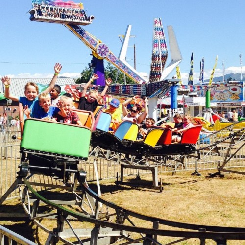 A group of excited children enjoying a colorful roller coaster ride at a fair on a sunny day.