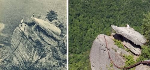 A side-by-side comparison of a historical photo and a modern image of a rocky outcrop with a person sitting on top.