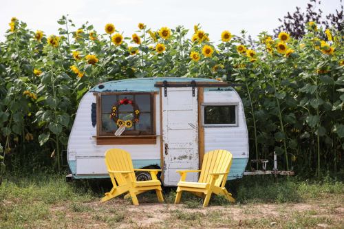 A vintage camper surrounded by tall sunflowers, with two yellow chairs in front and a floral wreath on the window.