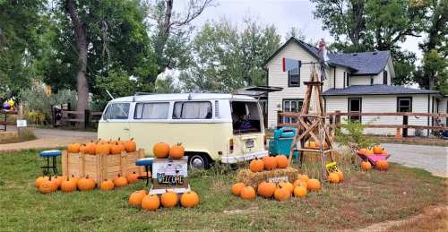 A vintage yellow van surrounded by pumpkins, with a house and trees in the background, creating a cozy autumn scene.
