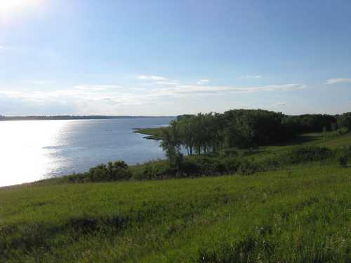 A serene landscape featuring a calm lake, lush green grass, and trees under a clear blue sky.