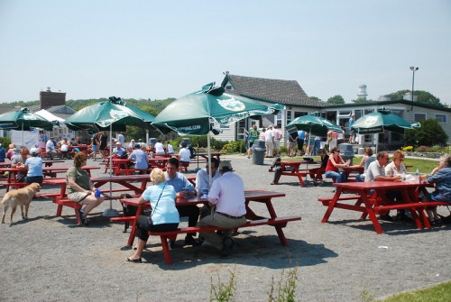 A busy outdoor dining area with red picnic tables and green umbrellas, filled with people enjoying a sunny day.