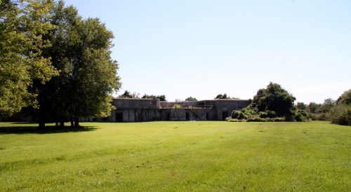A grassy field with trees in the foreground and a weathered concrete structure in the background under a clear blue sky.