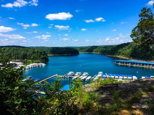 A serene lake surrounded by green hills, with boats docked at marinas under a bright blue sky with fluffy clouds.